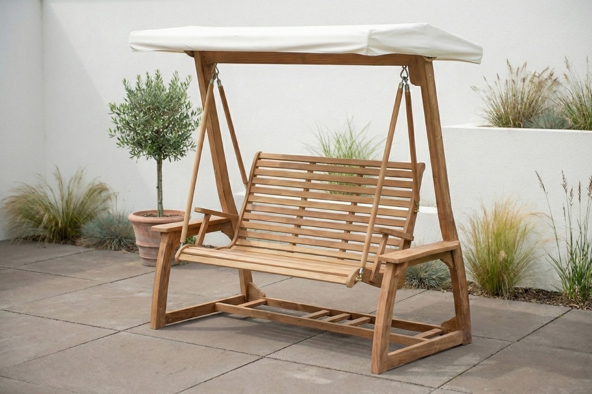 Teakhouten schommelbank met zonnedak van massief teak, twee-persoons bank met 120 cm brede zitting - alternate view