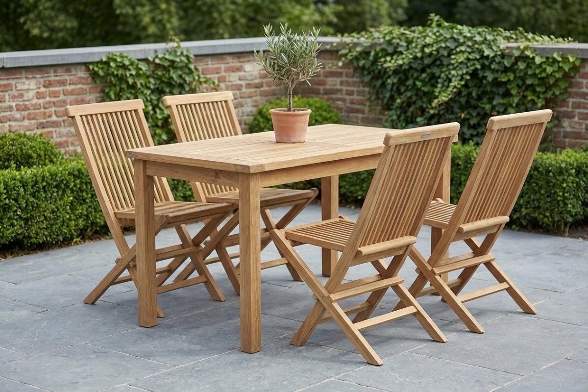 Bistro teakhouten tuinset met tuintafel en vier vouwstoelen van massief teak - view 3