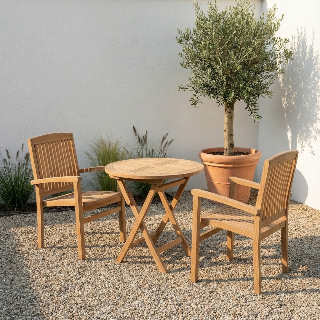 Set van twee Ibiza stapelbare teak tuinstoelen met ronde inklapbare klaptafel van 70 cm - view 3
