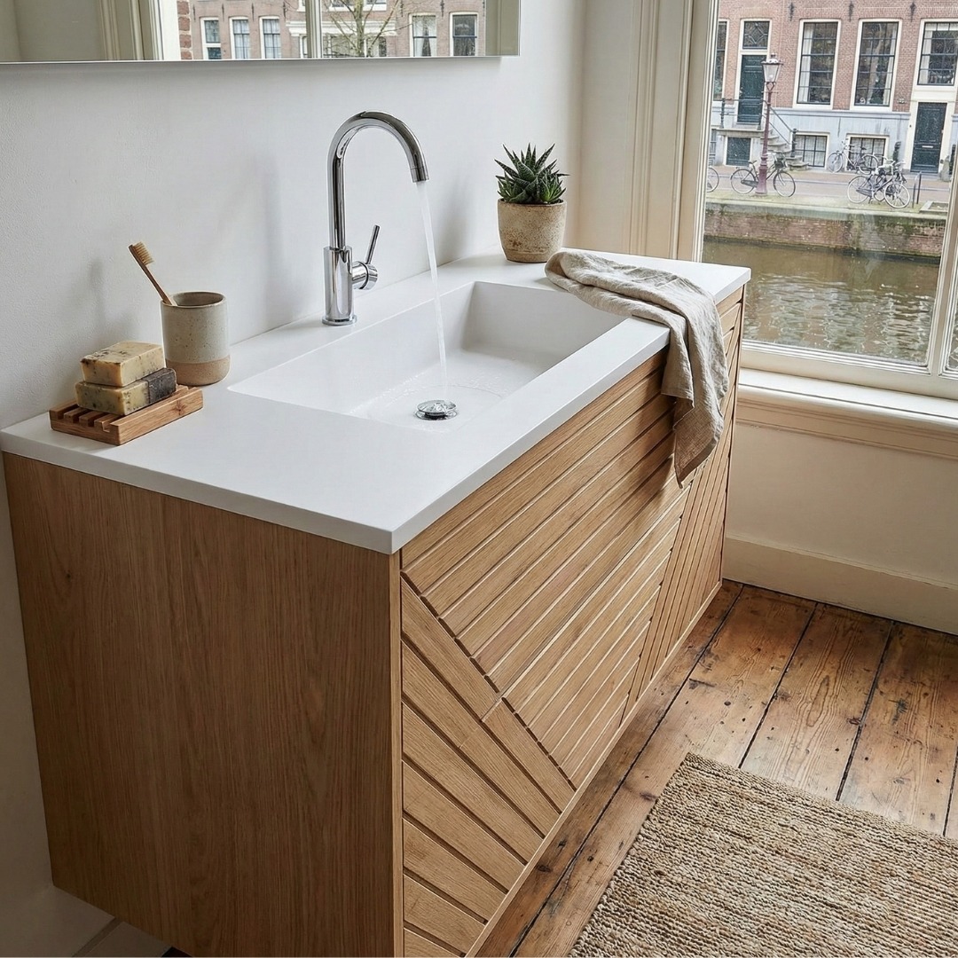 Shapes eiken badmeubel van massief eikenhout met factor wastafel, strak en modern ontwerp - view 4