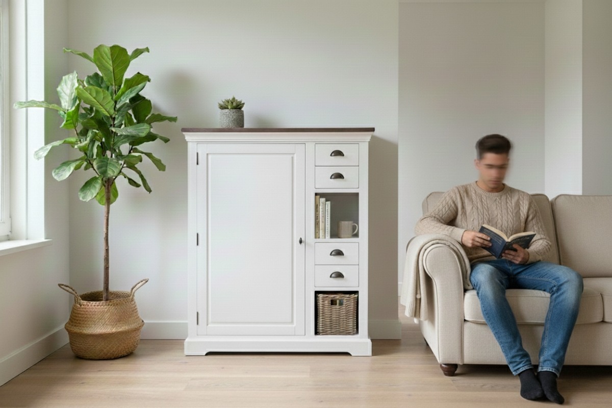 Napoli meidenkast 100x45x120 cm grijs hout met lades, open vakken en rieten mand - alternate view