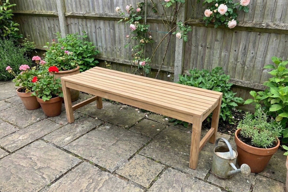 Slater teakhouten tennisbank van massief teak, extra lange tafelbank met formaat 220x46x45 cm - view 4