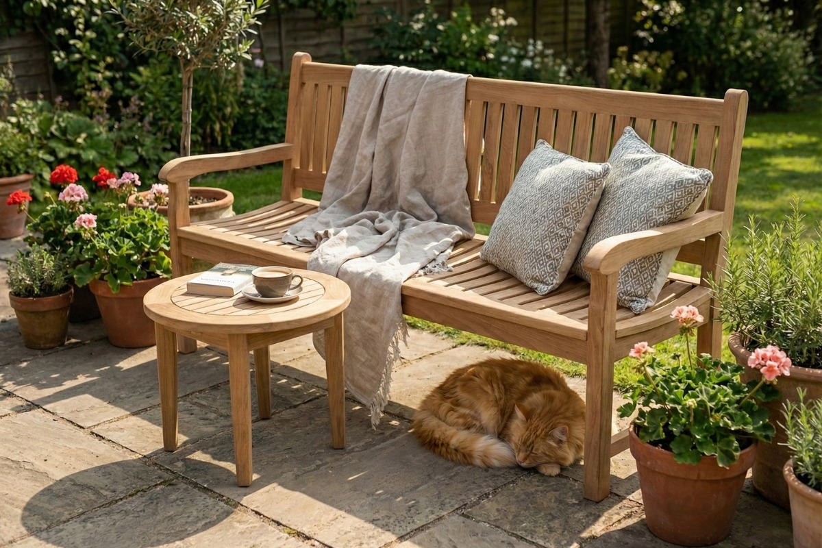Beaufort teak tuinbank geplaatst in tuin of op terras als ruime zitbank voor buiten - alternate view Beaufort teak tuinbank geplaatst in tuin of op terras als ruime zitbank voor buiten - alternate view