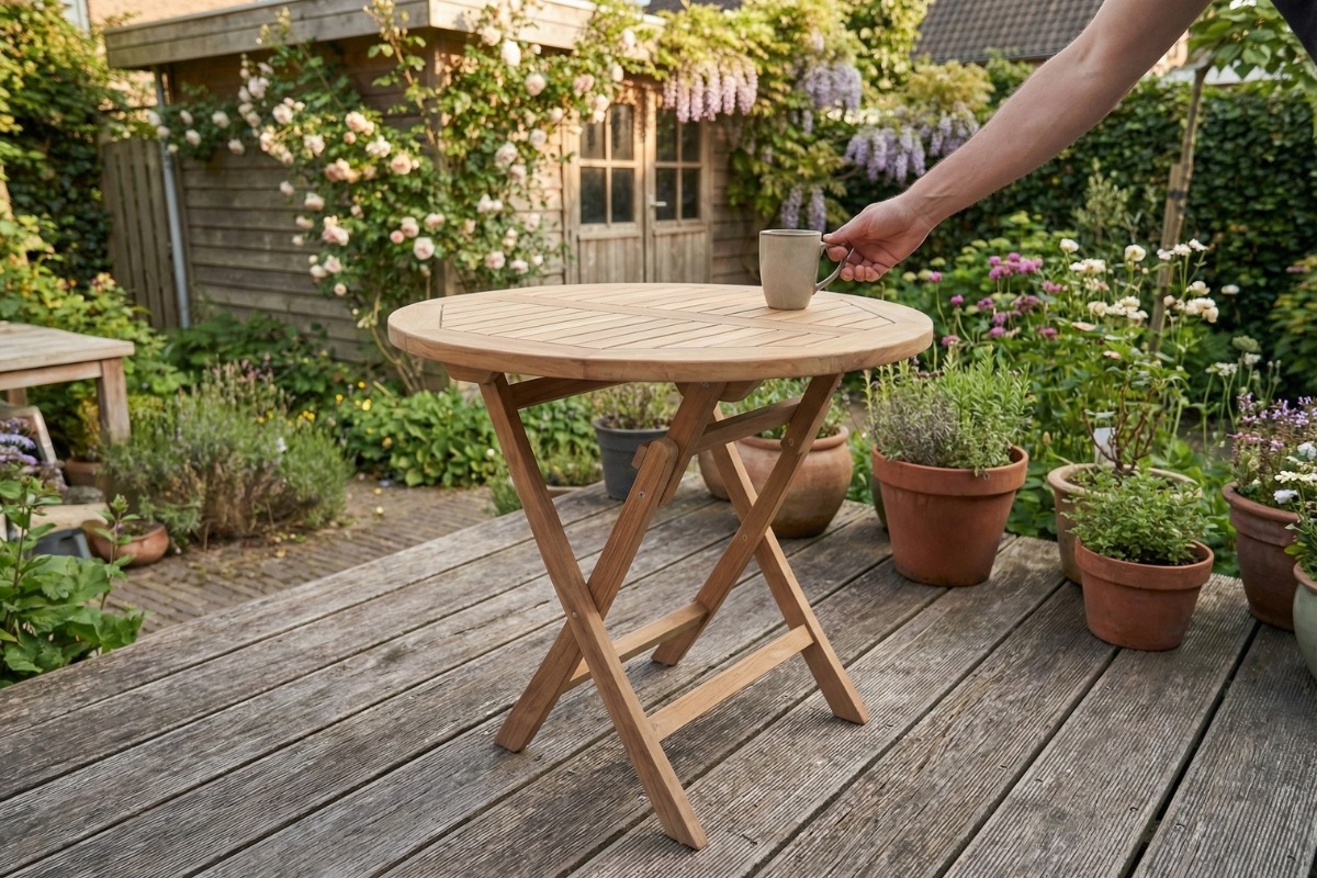 Ronde teakhouten tuintafel van massief teak, inklapbare buitentafel met diameter van 90 cm - view 4