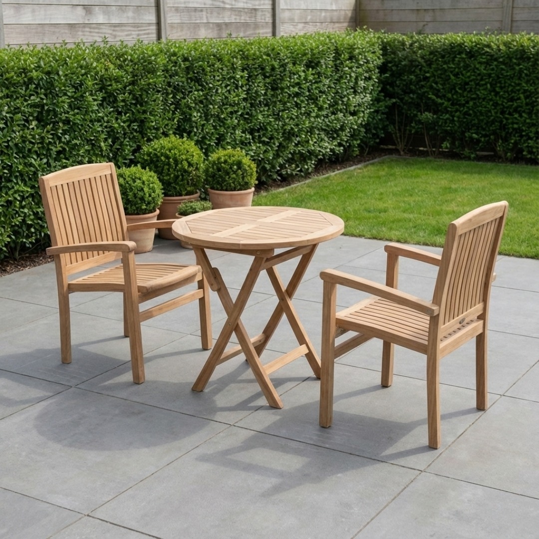 Set van twee Ibiza stapelbare teak tuinstoelen met ronde inklapbare klaptafel van 70 cm - view 4
