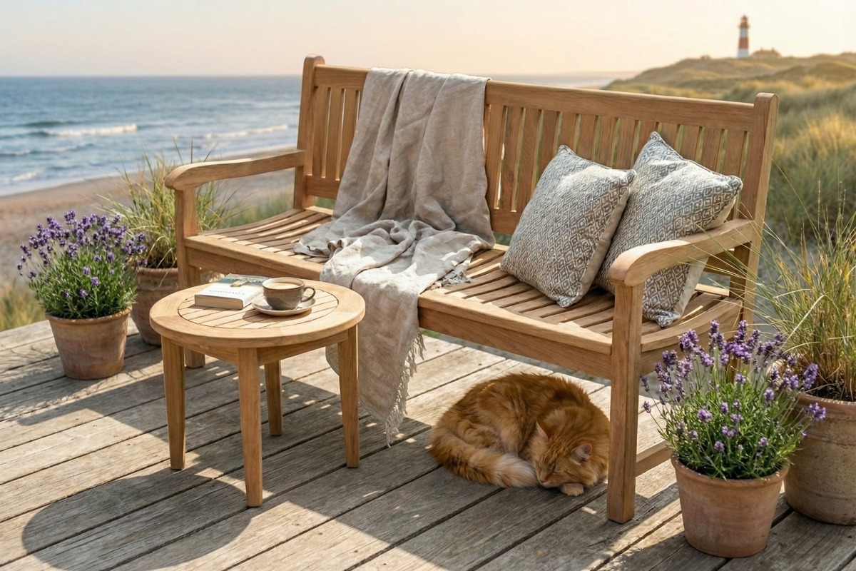 Beaufort teak tuinbank geplaatst in tuin of op terras als ruime zitbank voor buiten - alternate view