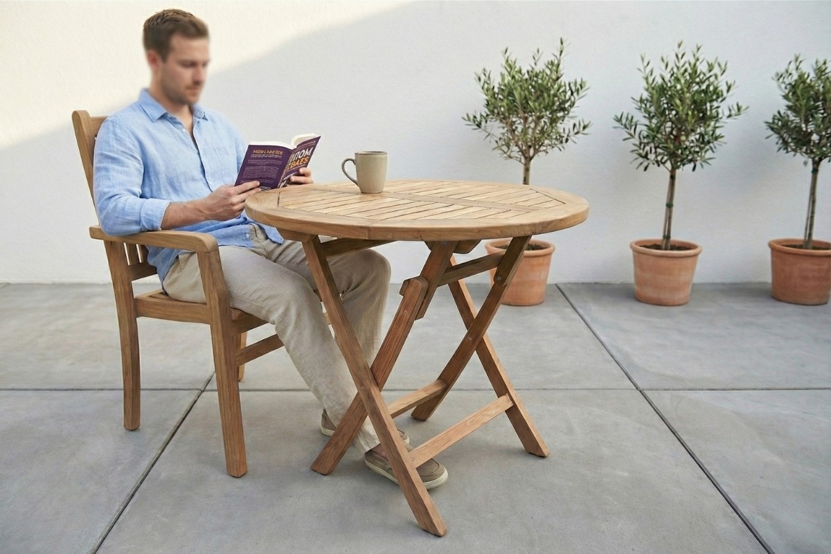 Ronde teakhouten tuintafel van massief teak, inklapbare buitentafel met diameter van 90 cm - view 3