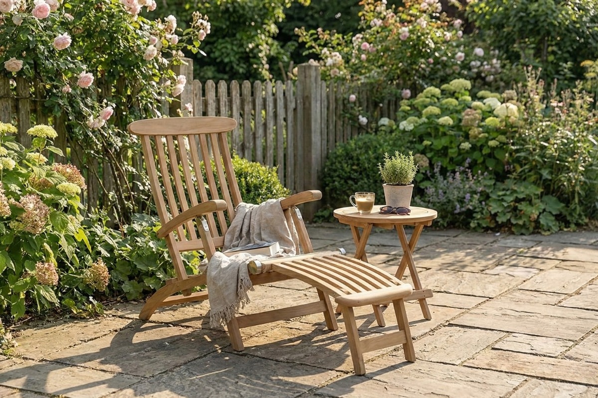 Teakhouten deckchair zonder wielen met Rondo tafeltje, ligstoel voor buitengebruik zonder kussen - view 3