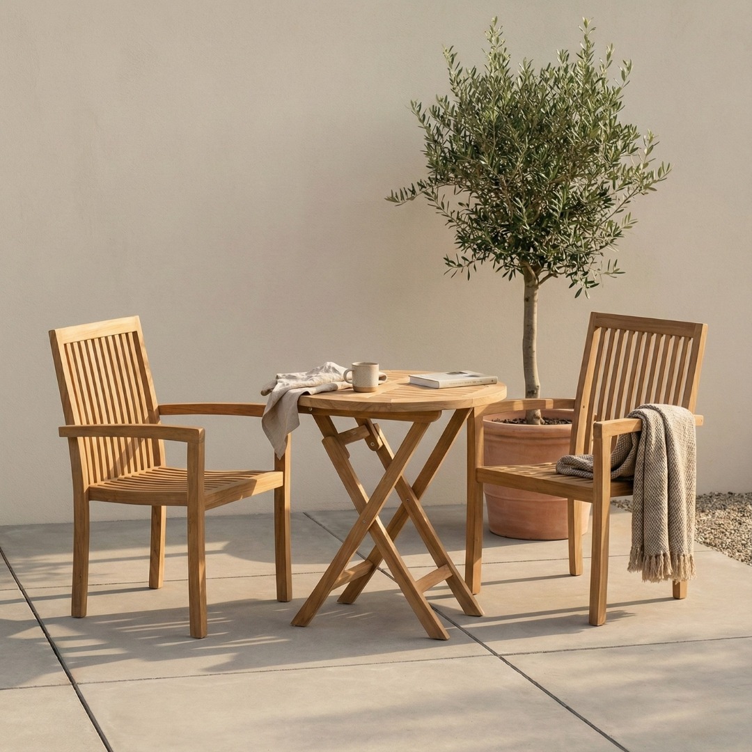 Set van twee stapelbare teak Pile tuinstoelen met ronde inklapbare klaptafel van 60 cm - view 3