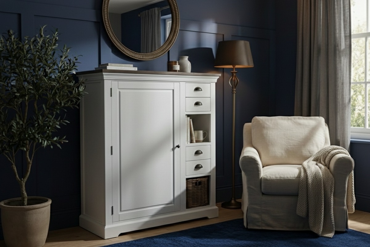 Napoli meidenkast 100x45x120 cm grijs hout met lades, open vakken en rieten mand - view 3