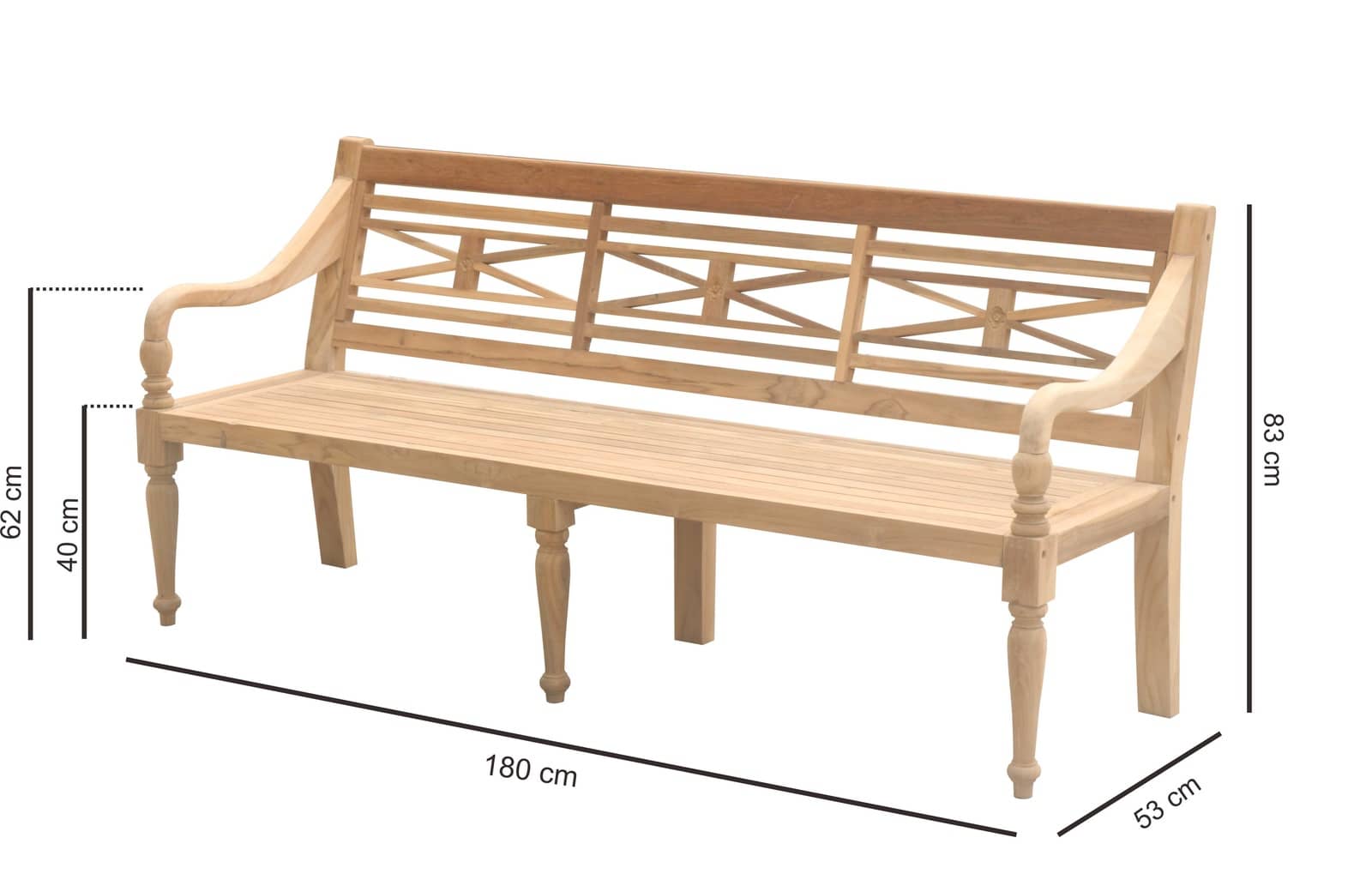 Klassieke teakhouten stationsbank, 180 cm breed. De bank heeft een traditioneel design met een rechte rugleuning en een stevige, vlakke zitting. Het hout heeft een natuurlijke, warme teakkleur en is fijn afgewerkt, wat de elegante uitstraling benadrukt. D - view 3