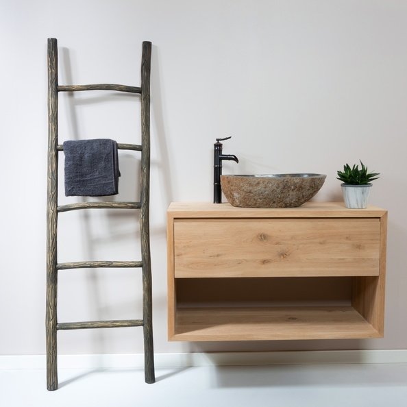 Luxe zwevend badmeubel van massief eikenhout inclusief natuurstenen waskom. Handgemaakt, vochtbestendig en leverbaar in 23 kleuren. Ontdek ons maatwerk! - view 4