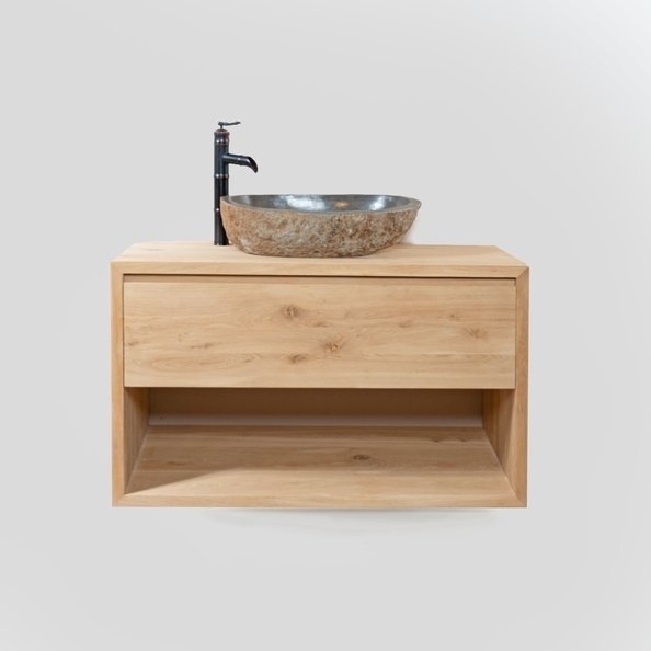 Luxe zwevend badmeubel van massief eikenhout inclusief natuurstenen waskom. Handgemaakt, vochtbestendig en leverbaar in 23 kleuren. Ontdek ons maatwerk! - view 3