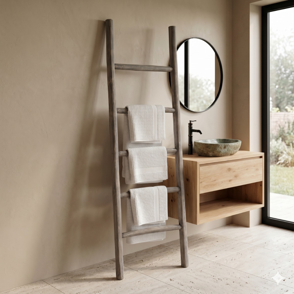 ergrijsde teakhouten decoratieladder 175 cm vooraanzicht - view 4
