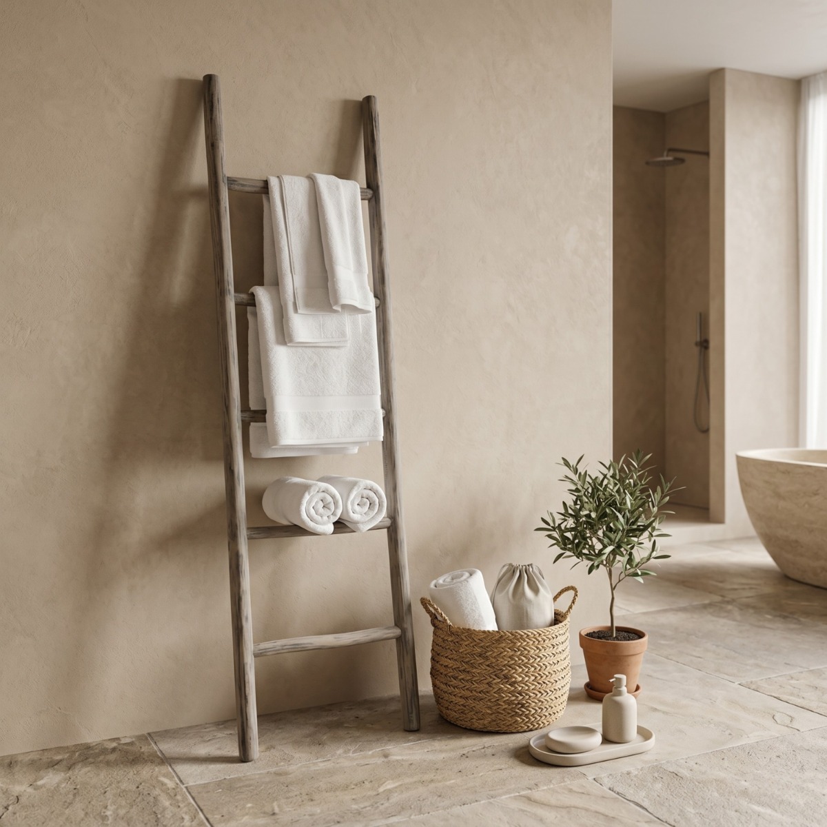 ergrijsde teakhouten decoratieladder 175 cm vooraanzicht - alternate view
