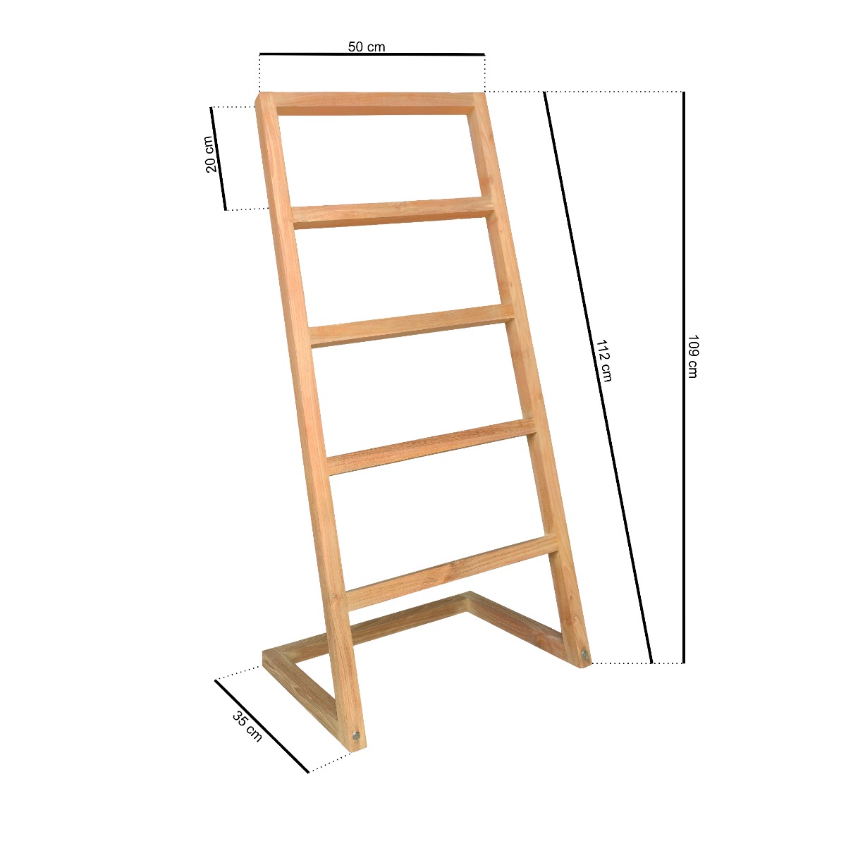 Houten handdoekladder van massief teakhout met vijf sporten in een moderne witte badkamer setting. - view 3