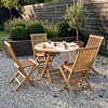 Set van vier inklapbare teak tuinstoelen met ronde inklapbare teak tuintafel van 70 cm