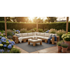 Teakea Bromo massief houten loungeset van teak in een sfeervolle Nederlandse tuin met modulaire hoekopstelling en Vanilla kussens.