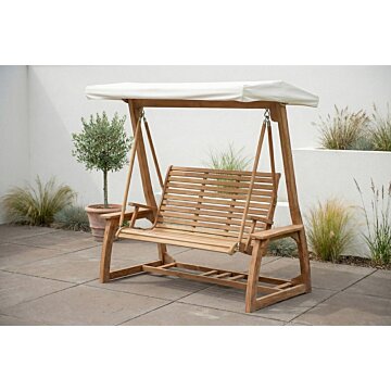 Teakhouten schommelbank met zonnedak van massief teak, twee-persoons bank met 120 cm brede zitting