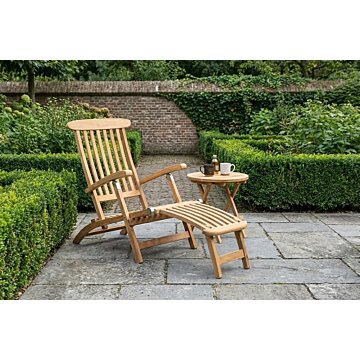 Teakhouten deckchair zonder wielen met Rondo tafeltje, ligstoel voor buitengebruik zonder kussen