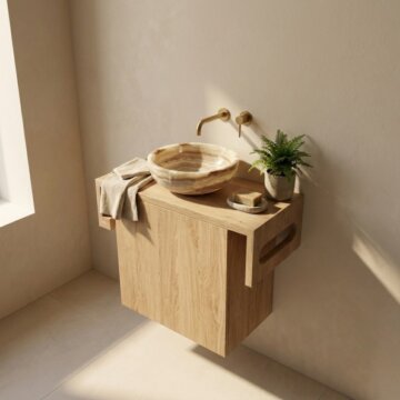 Fonteinmeubel James van massief eikenhout, compact toilet fontein meubel met strak ontwerp