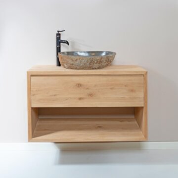 Zwevend Eiken Badmeubel Suze – Inclusief Waskom – Met Lade & Open Vak – 60 t/m 120 cm