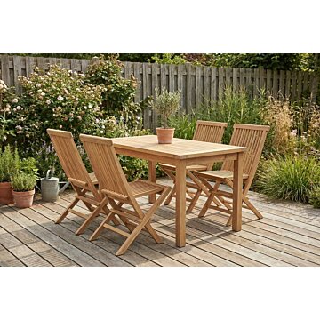 Bistro teakhouten tuinset met tuintafel en vier vouwstoelen van massief teak