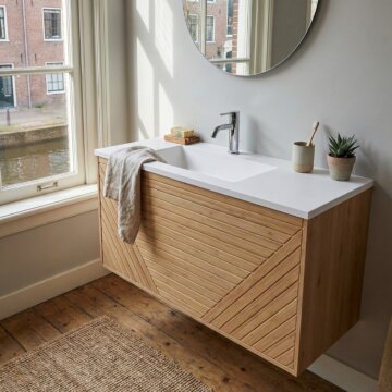 Shapes eiken badmeubel van massief eikenhout met factor wastafel, strak en modern ontwerp