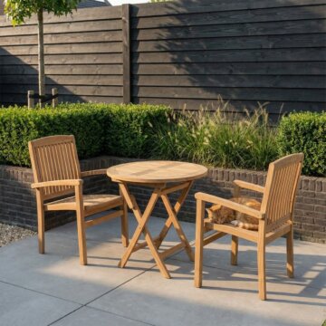 Set van twee Ibiza stapelbare teak tuinstoelen met ronde inklapbare klaptafel van 70 cm