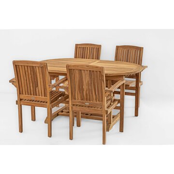 Merlin Teakhouten Tuinset - Ovale Uitschuifbare Tuintafel 120-180cm - Incl. 4 Stapelbare Stoelen