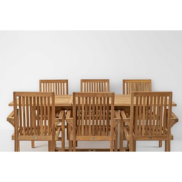 Teakhouten Tuinset Pile - Uitschuifbare Tuintafel 150-200cm - Inclusief 6 Stapelbare Stoelen