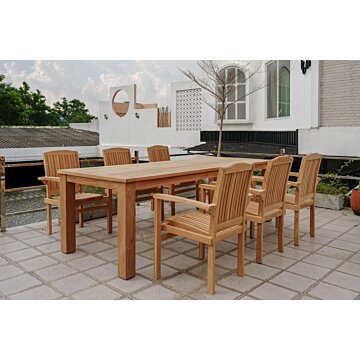 Nelson teak tuintafel 250x100 cm van massief teakhout met robuuste poten en RVS details op terras
