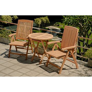 Teakea tuinset met 2 Linda standenstoelen en ronde klaptafel Ø70 cm – duurzame FSC teak tuinset voor balkon of terras