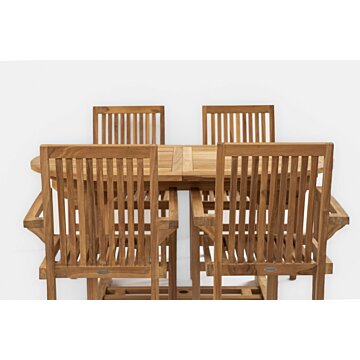 Teakhouten Tuinset Pile - Ovale Uitschuifbare Tuintafel 120-180cm - Inclusief 4 Stapelbare Stoelen