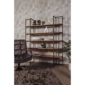 Felino boekenkast 155 cm – Gerecycled teakhout met white wash afwerking, metalen omlijsting en slanke poten. Stijlvol industrieel design.