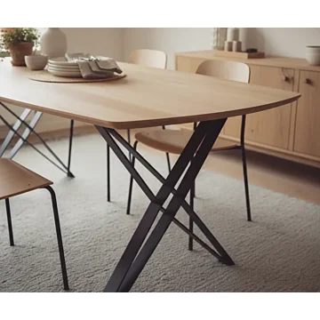 Ovale eiken eettafel met zwart metalen kruispoot in een minimalistisch Japandi interieur.