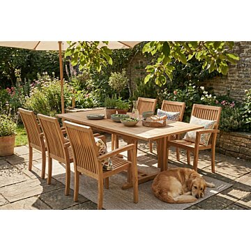 Teak Tuinset FSC - Pile teaktafel 150<>200 met 6 stapelbare tuinstoelen 