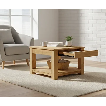 Vierkante teak houten salontafel van Teakea met lade en onderblad in een modern licht interieur.