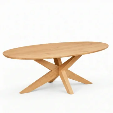 Ovale eettafel van massief eikenhout met een centraal houten matrix-onderstel in een moderne minimalistische setting.