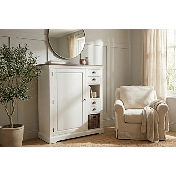 Napoli meidenkast 100x45x120 cm grijs hout met lades, open vakken en rieten mand