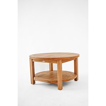 Ronde Teak Salontafel van 80 cm met een handig onderblad, gemaakt van hoogwaardig teakhout, geschikt voor buitengebruik op terras of in de tuin.