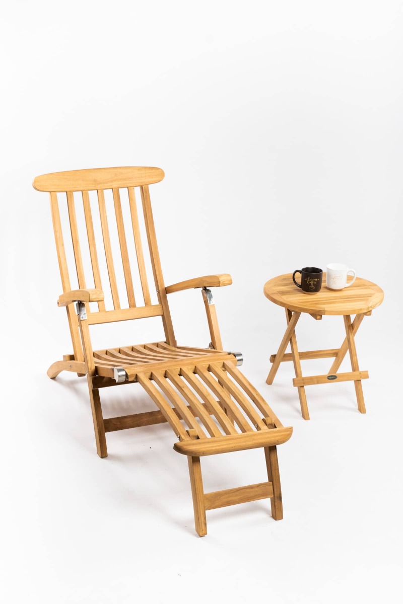 Teakhouten deckchair zonder wielen met Rondo tafeltje, ligstoel voor buitengebruik zonder kussen - alternate view