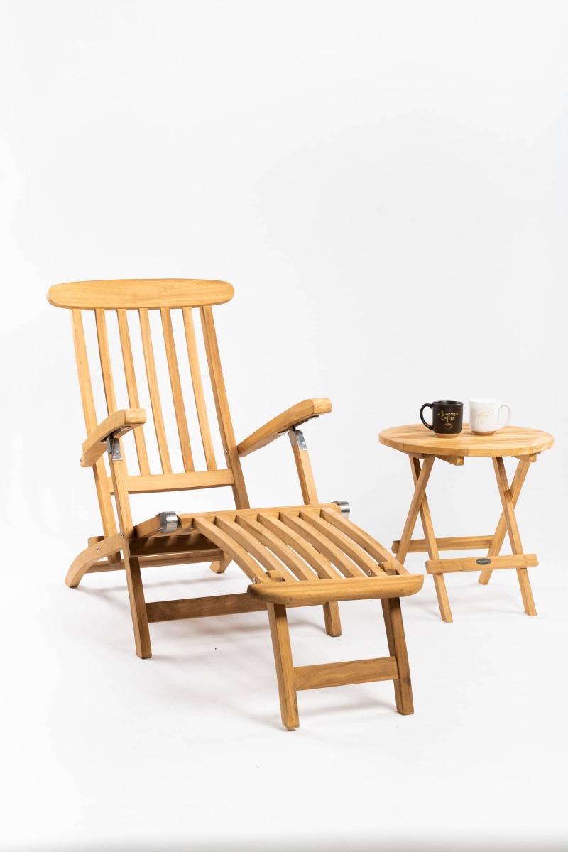 Teakhouten deckchair zonder wielen met Rondo tafeltje, ligstoel voor buitengebruik zonder kussen - view 4