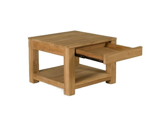 Vierkante teak houten salontafel van Teakea met lade en onderblad in een modern licht interieur. - view 3