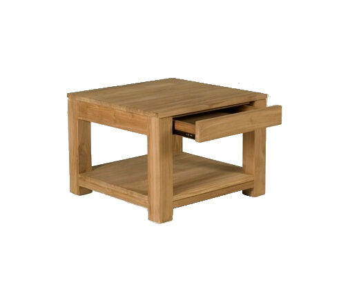 Vierkante teak houten salontafel van Teakea met lade en onderblad in een modern licht interieur. - view 4
