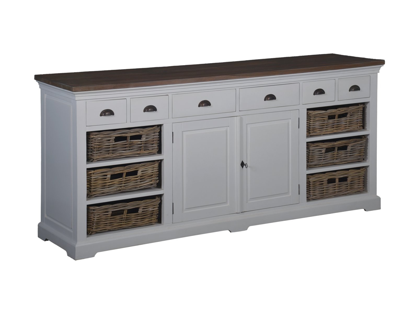 Breed wit landelijk dressoir Napoli met teakhouten blad, zes laden met schelphandgrepen en zes rieten manden. - alternate view