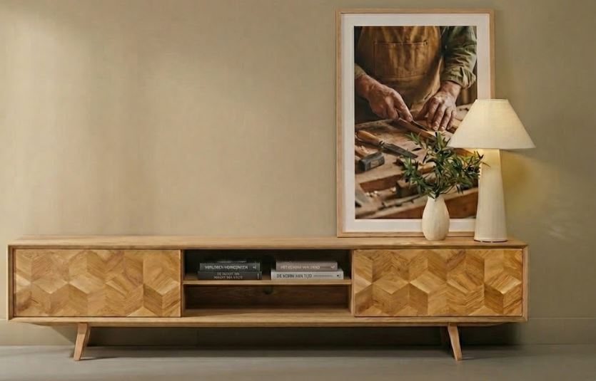 Massief eiken TV meubel van Teakea met ladenfronten voorzien van een geometrisch Escher kubuspatroon en taps toelopende pootjes in een sfeervolle woonkamer. - view 3