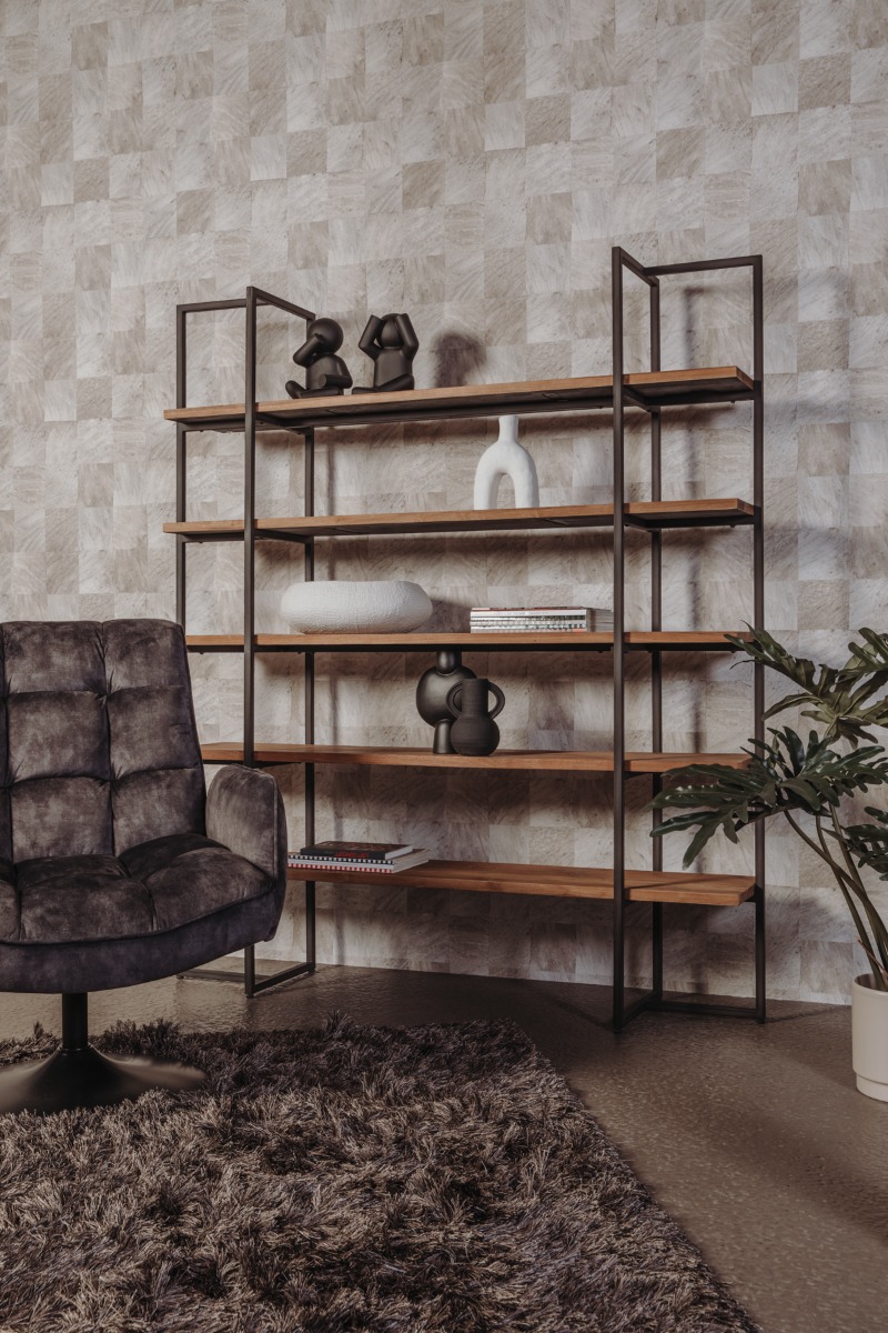Felino boekenkast 155 cm – Gerecycled teakhout met white wash afwerking, metalen omlijsting en slanke poten. Stijlvol industrieel design. - alternate view