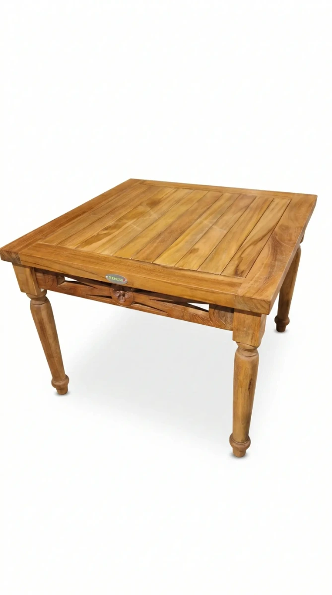 Vierkante Teak Bijzettafel + Massief Teakhout + Gesneden Ornamenten en Gedraaide Poten + Tuin- of Terrasomgeving. - view 3