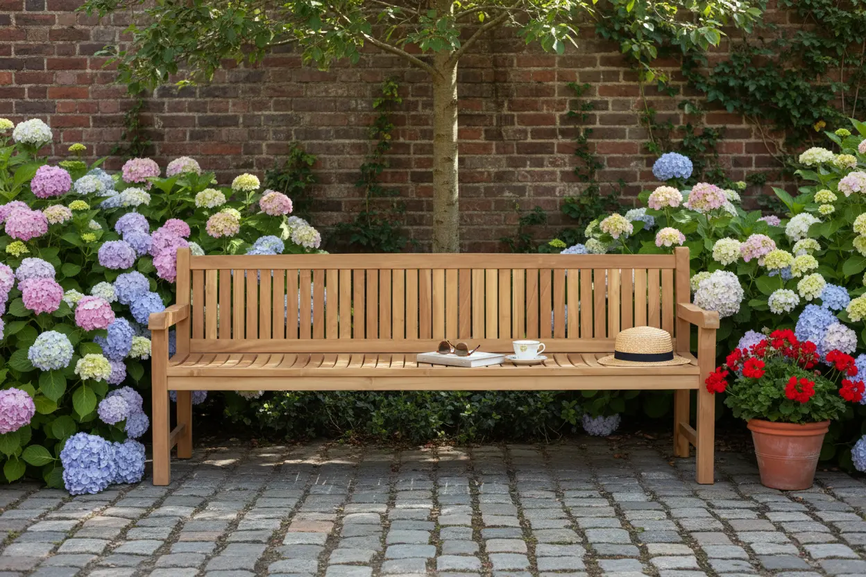 Lange teakhouten tuinbank met verticale lattenrug voor een bakstenen muur met kleurrijke hortensia's. - alternate view